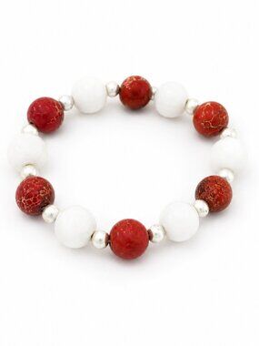 Red White Howlite Shell Bracelet Handmade Stretch Gemstone Beaded Gift